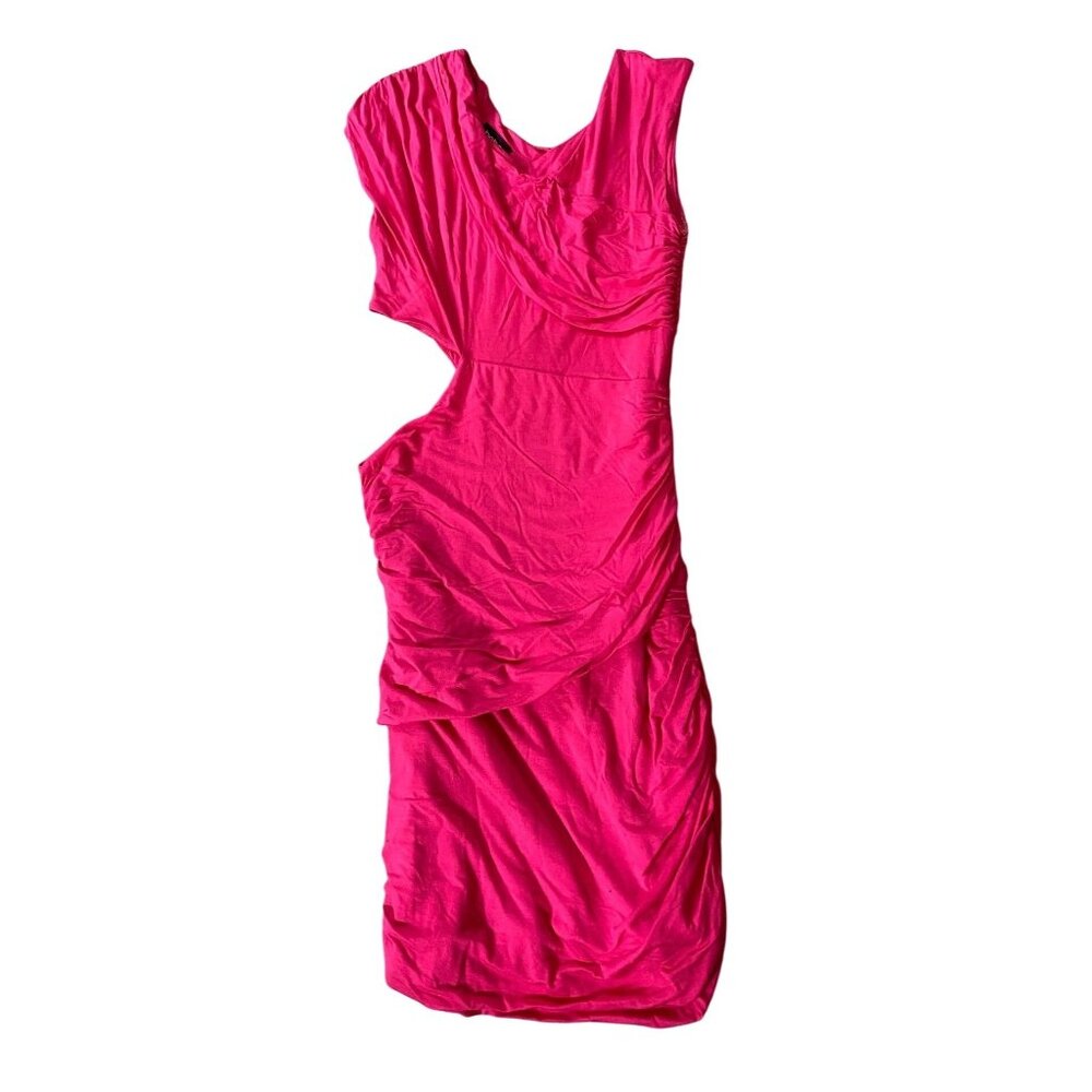 Bebe Dress Bodycon Side Cut Out at Waist Pink Draped Ruched Sleeveless Medium